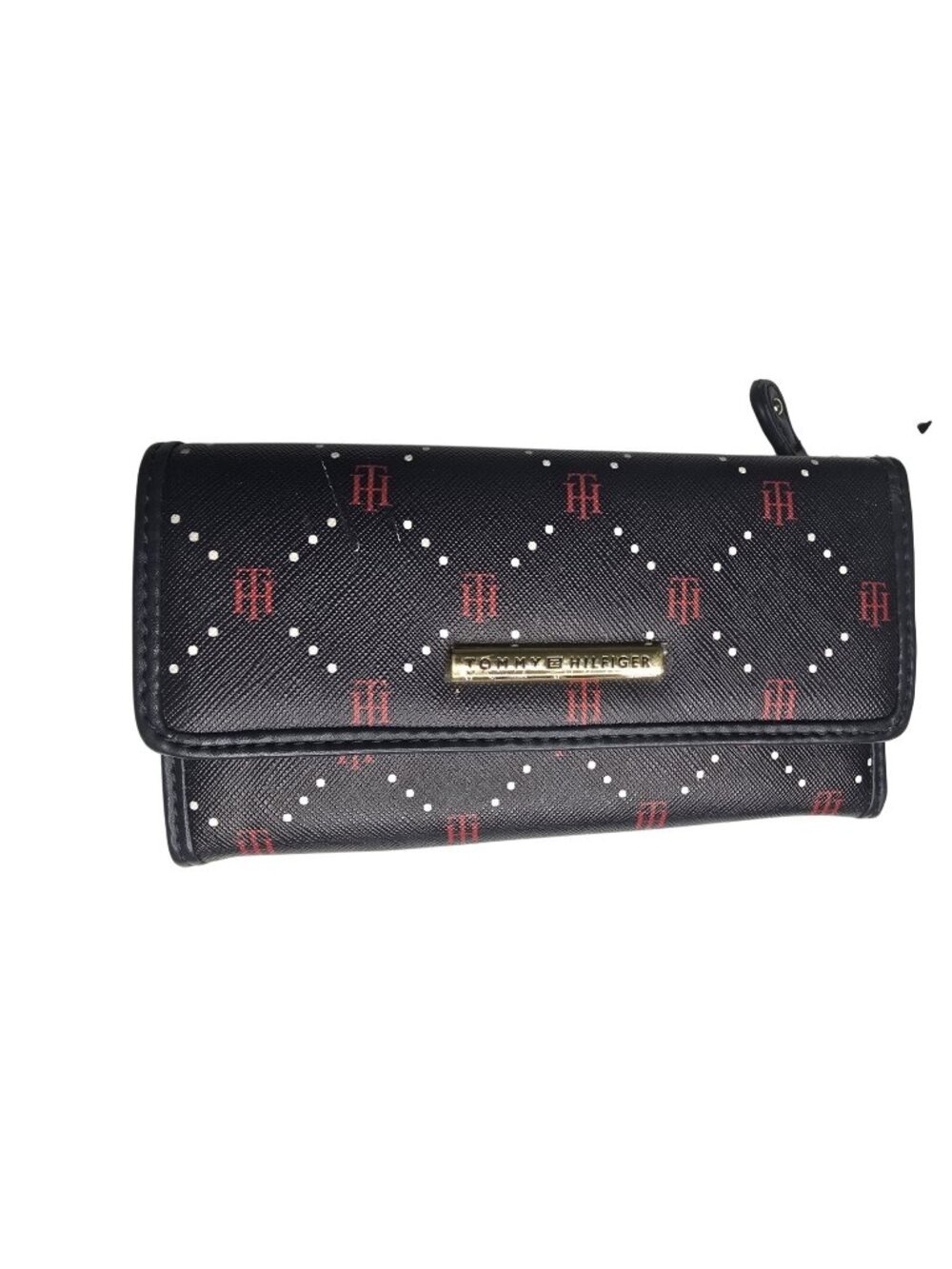 Tommy Hilfiger Womens Black & Red Logo Patterned Trifold Wallet With Snap Closur